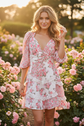 For Love & Lemons Pink Floral Patchwork Puff Sleeve Mini Dress - The Garment Garden Boutique