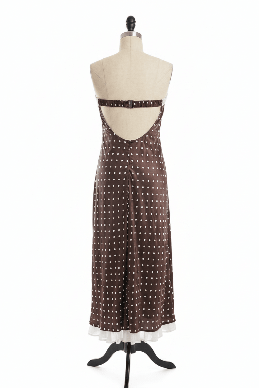 For Love & Lemons Chocolate Polka Dot Satin Strapless Midi Dress - The Garment Garden Boutique