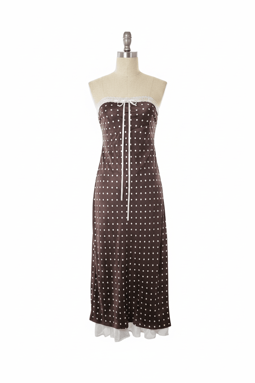 For Love & Lemons Chocolate Polka Dot Satin Strapless Midi Dress - The Garment Garden Boutique