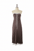 For Love & Lemons Chocolate Polka Dot Satin Strapless Midi Dress - The Garment Garden Boutique