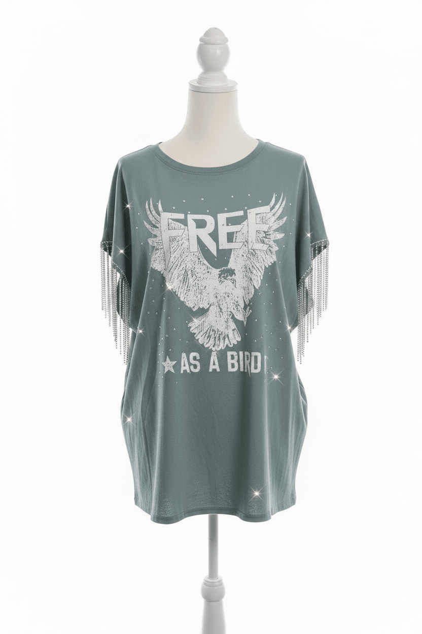 Free As A Bird Rhinestone Fringe Oversized Tee – Fantastic Fawn - The Garment Garden Boutique