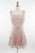 Pink Floral Lace Belted Mini Dress - The Garment Garden Boutique
