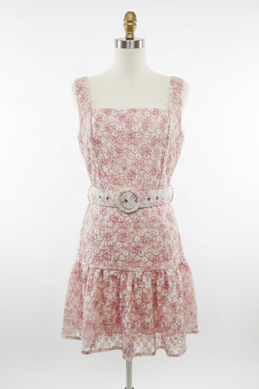 Pink Floral Lace Belted Mini Dress - The Garment Garden Boutique