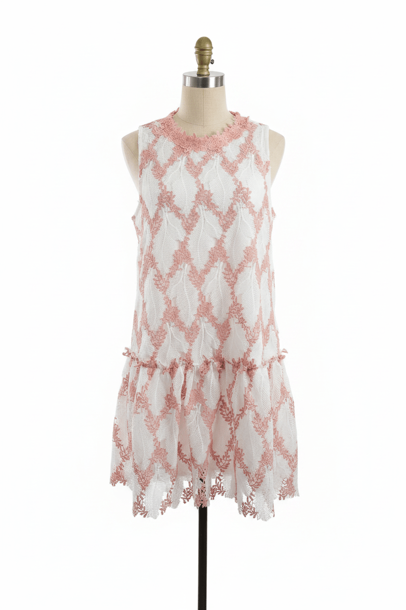 Pink & White Diamond Lace Drop-Waist Mini Dress - The Garment Garden Boutique