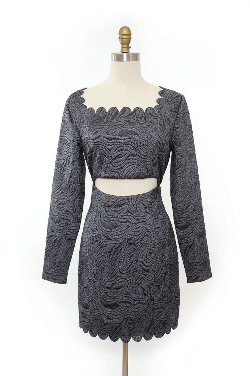 Just Me Grey Puff Brocade Scalloped Mini Dress - The Garment Garden Boutique