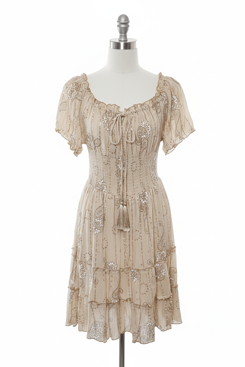 Ananta Champagne Gold Paisley Floral Smocked Corset Mini Dress - The Garment Garden Boutique