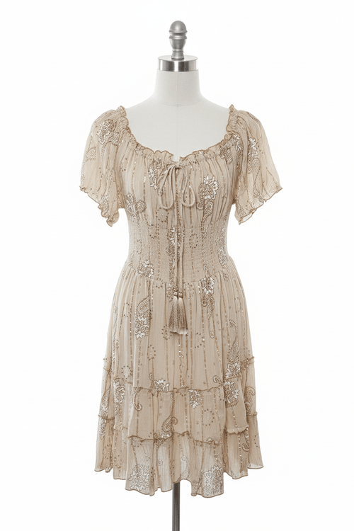 Ananta Champagne Gold Paisley Floral Smocked Corset Mini Dress - The Garment Garden Boutique