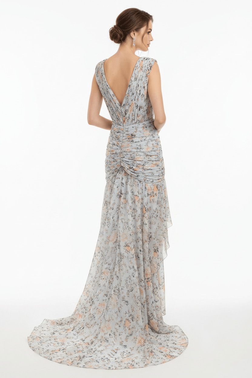 Ieena Mac Duggal Floral Ruched High-Low Formal Gown - The Garment Garden Boutique