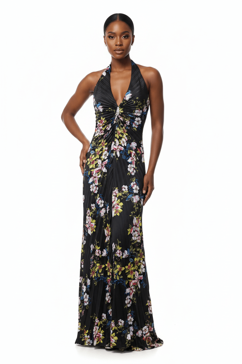 Bebe Black Floral Pleated Halter Maxi Dress - The Garment Garden Boutique