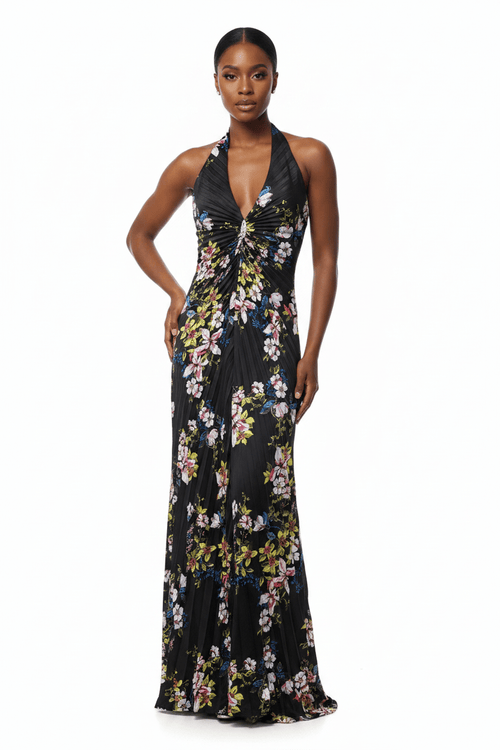 Bebe Black Floral Pleated Halter Maxi Dress - The Garment Garden Boutique