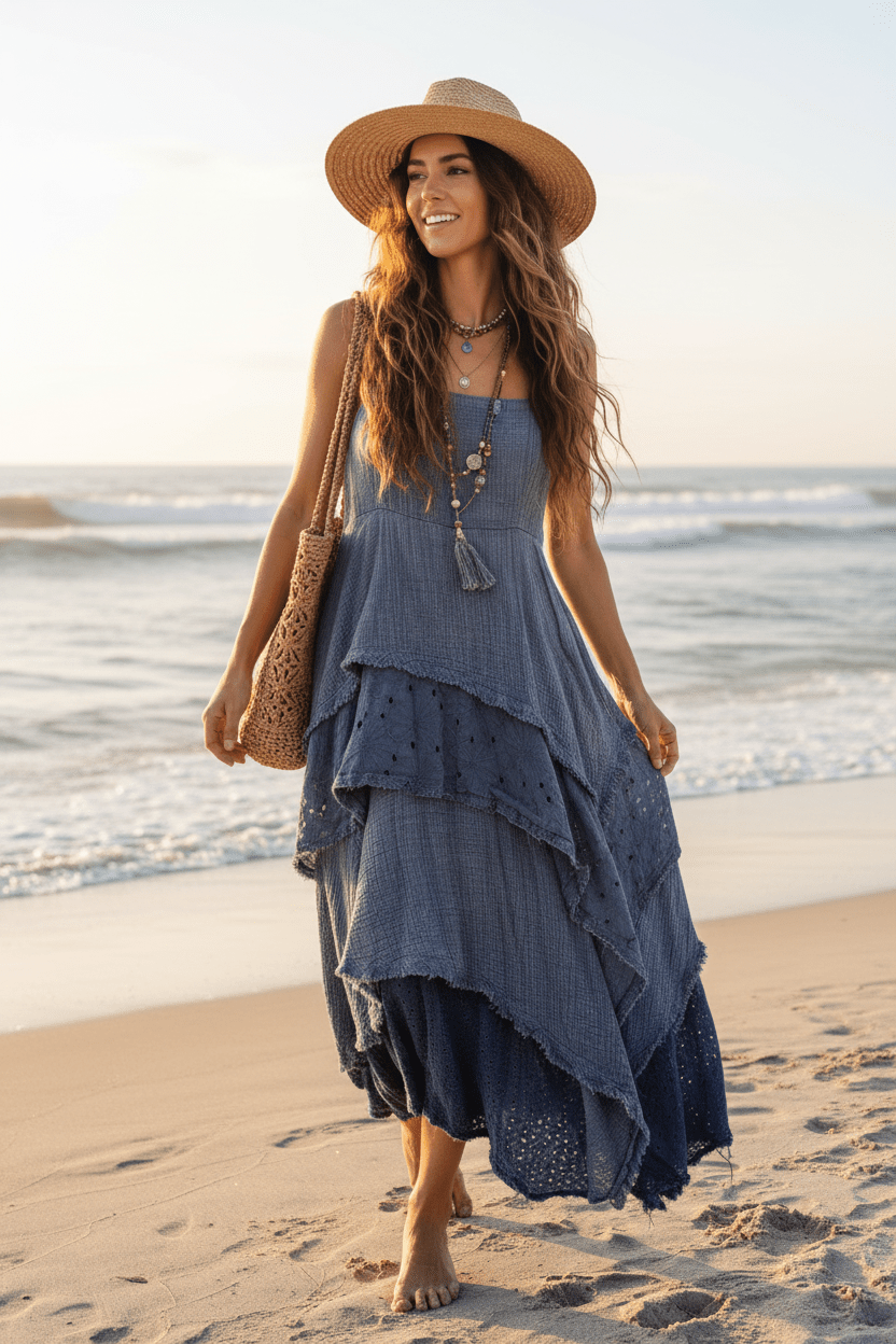 Oli & Hali Mineral Washed Denim Blue Boho Maxi Dress - The Garment Garden Boutique