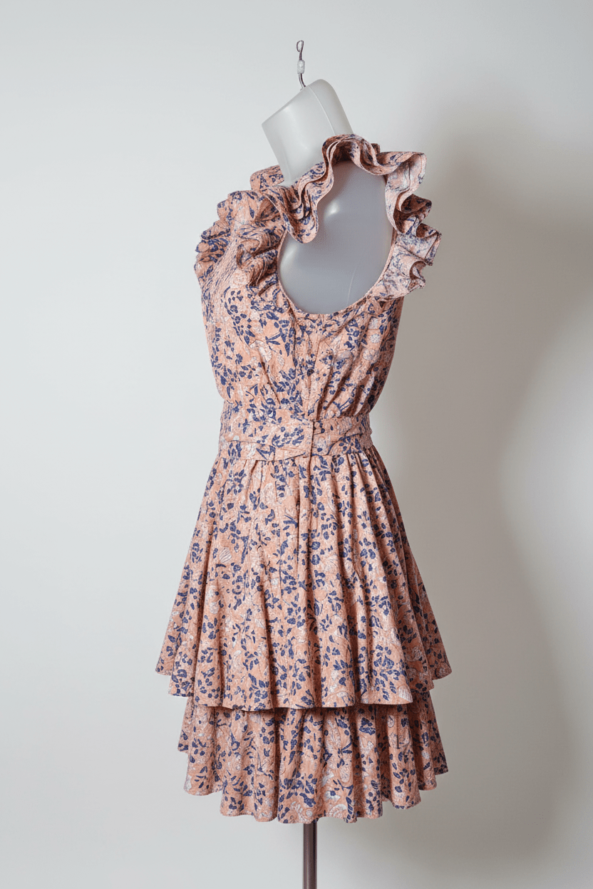 Cleobella Peach Floral-Print Ruffle Shoulder Mini Dress - The Garment Garden Boutique