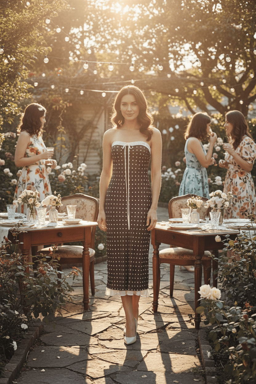 For Love & Lemons Chocolate Polka Dot Satin Strapless Midi Dress - The Garment Garden Boutique