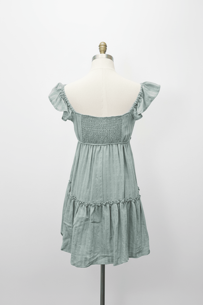 Sage Pintuck Crochet Lace Empire Waist Mini Dress - The Garment Garden Boutique