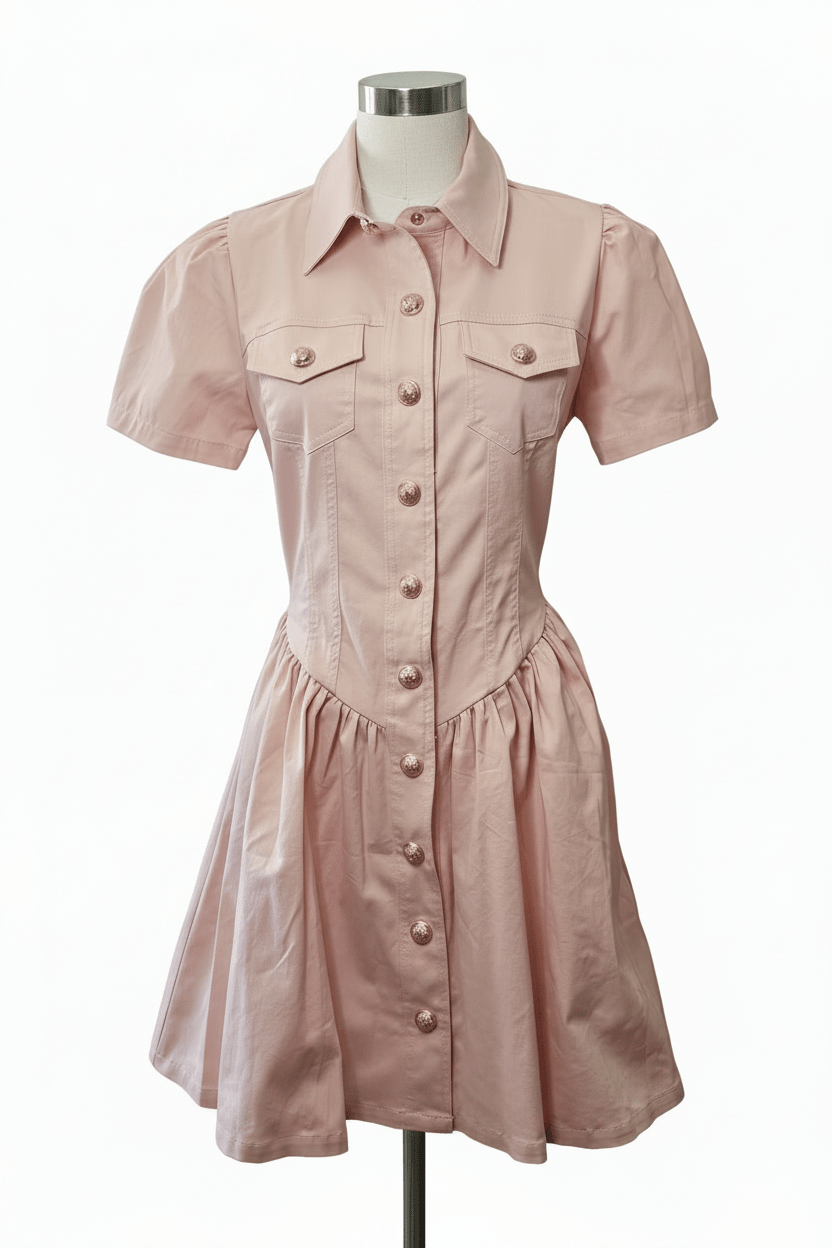 Mainstrip Blush Pink Cotton Puff Sleeve Mini Dress with Gold Crest Buttons - The Garment Garden Boutique