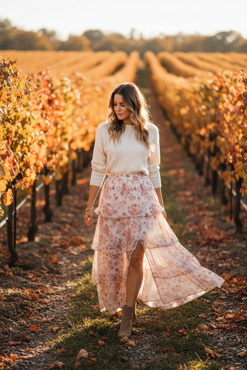 Altar'd State blush floral maxi skirt autumn vineyard lifestyle