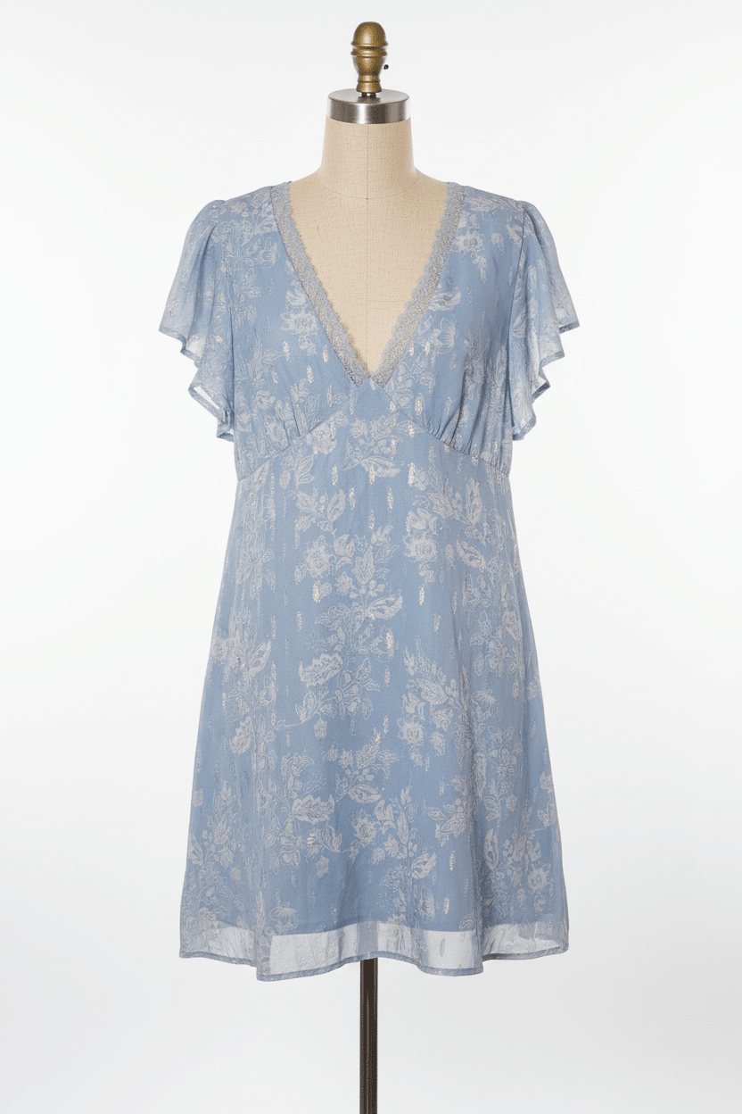 Dusty Blue Silver AB Thread Flutter Sleeve Mini Dress - The Garment Garden Boutique