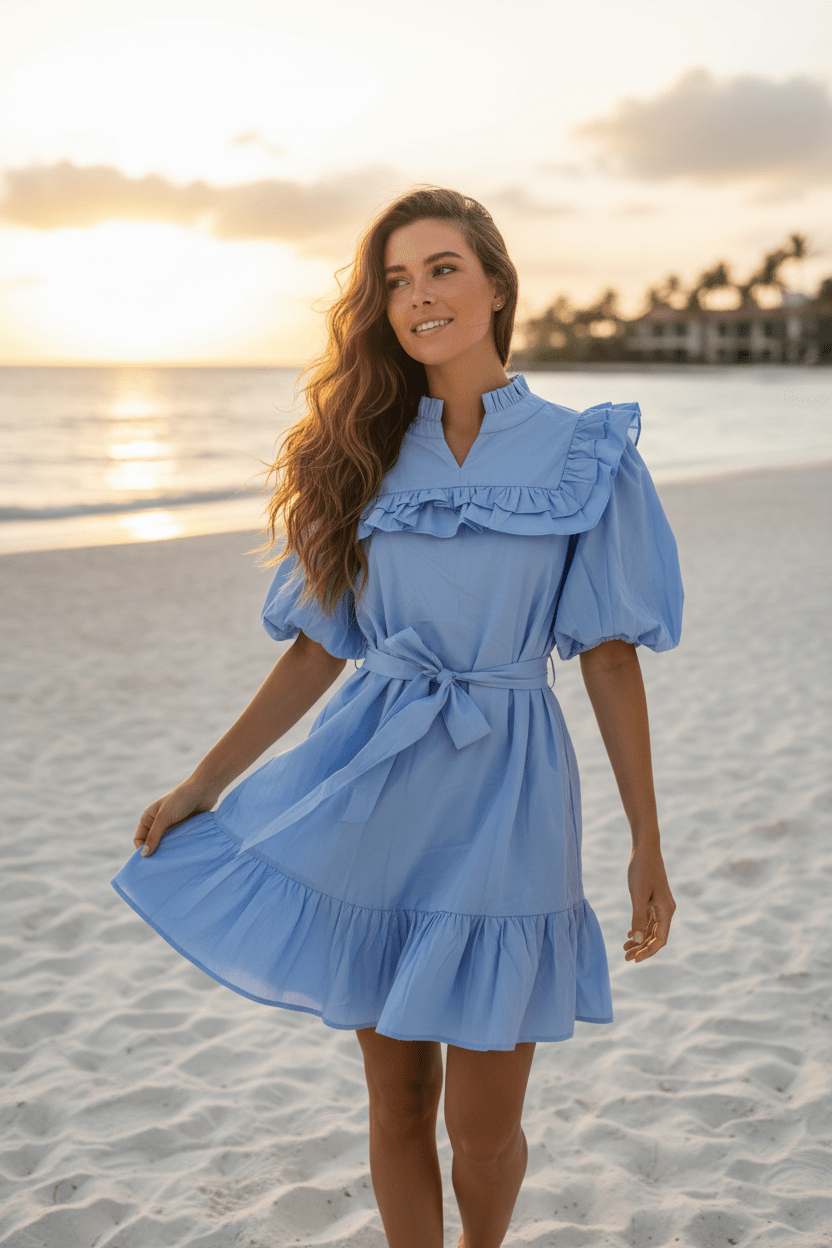 Fantastic Fawn Periwinkle Ruffle Bubble Sleeve Mini Dress - The Garment Garden Boutique