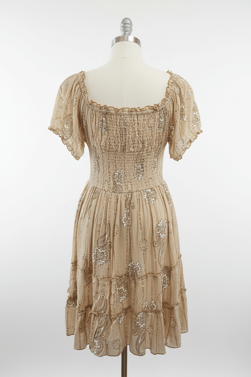 Ananta Champagne Gold Paisley Floral Smocked Corset Mini Dress - The Garment Garden Boutique