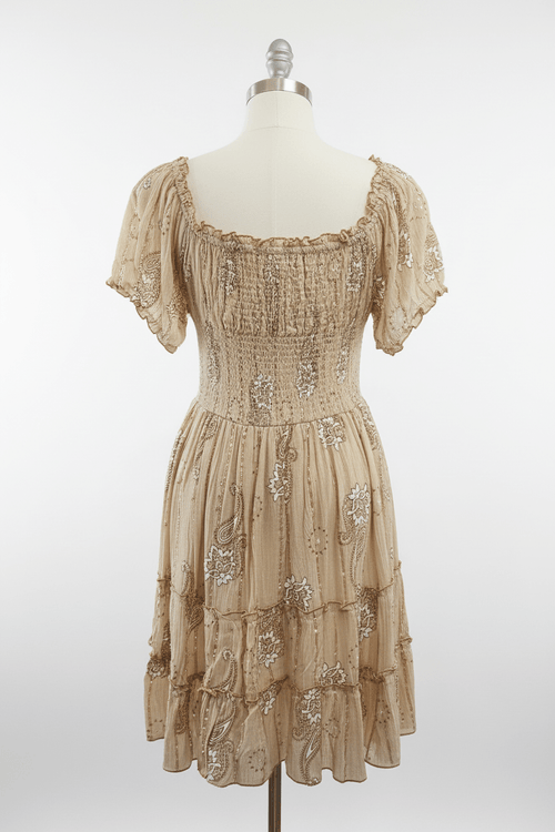 Ananta Champagne Gold Paisley Floral Smocked Corset Mini Dress - The Garment Garden Boutique