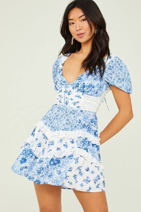 Altar'd State Blue Floral Patchwork Puff Sleeve Mini Dress
