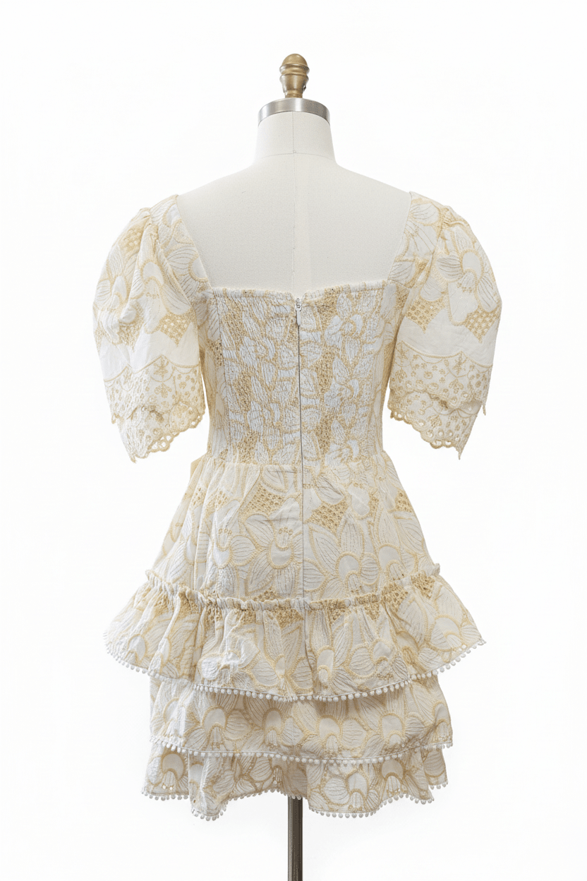 Arose Ivory Gold Embroidered Eyelet Puff Sleeve Tiered Mini Dress - The Garment Garden Boutique