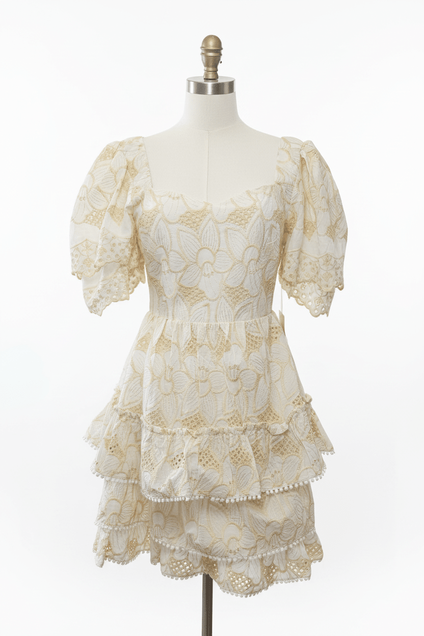 Arose Ivory Gold Embroidered Eyelet Puff Sleeve Tiered Mini Dress - The Garment Garden Boutique