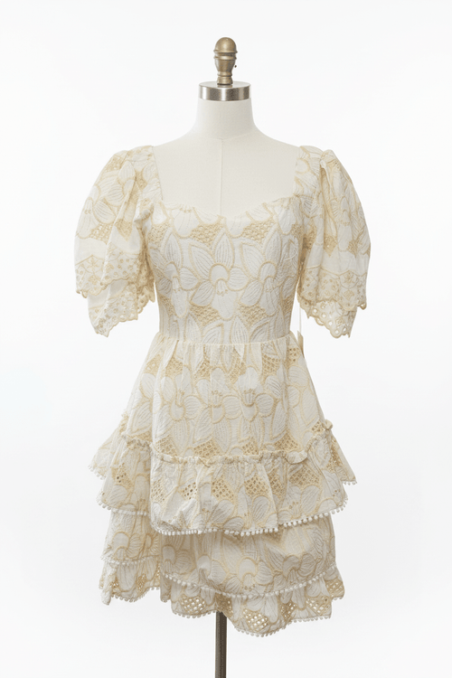 Arose Ivory Gold Embroidered Eyelet Puff Sleeve Tiered Mini Dress - The Garment Garden Boutique