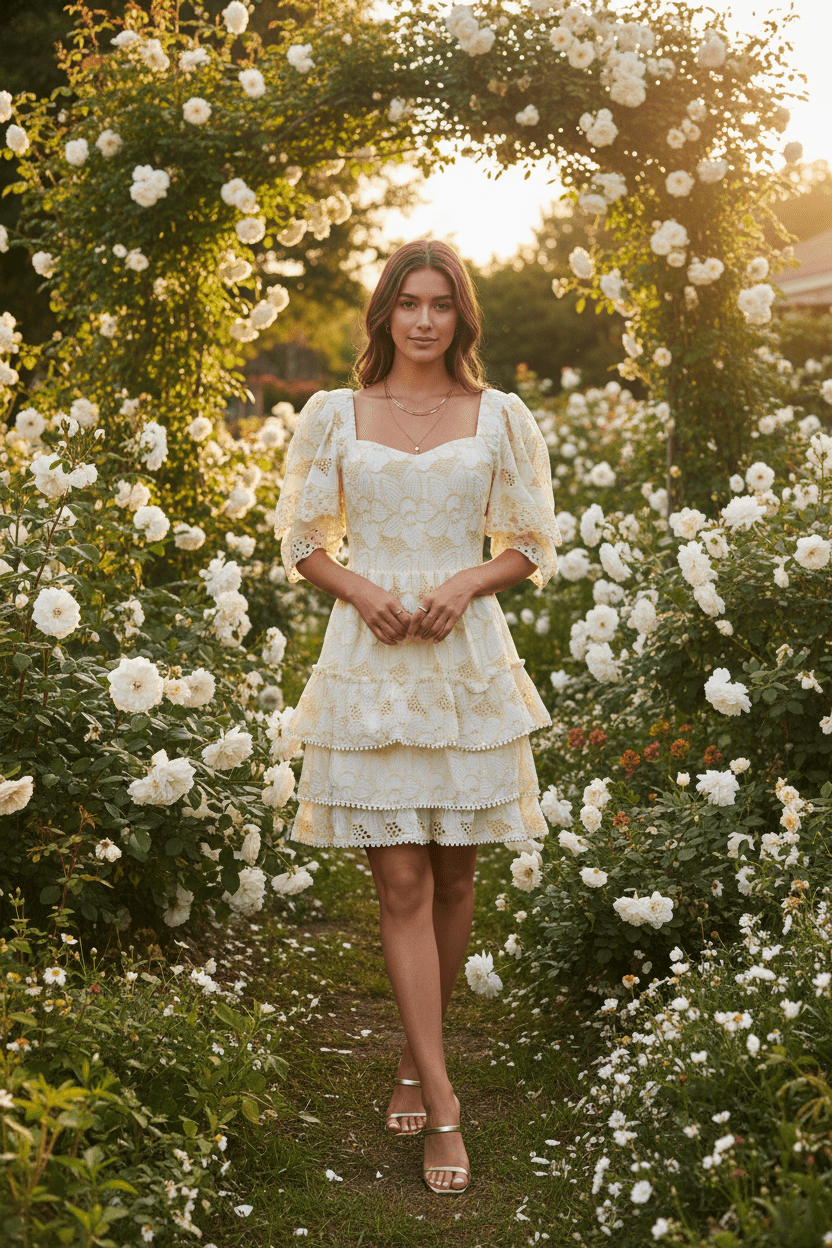 Arose Ivory Gold Embroidered Eyelet Puff Sleeve Tiered Mini Dress - The Garment Garden Boutique