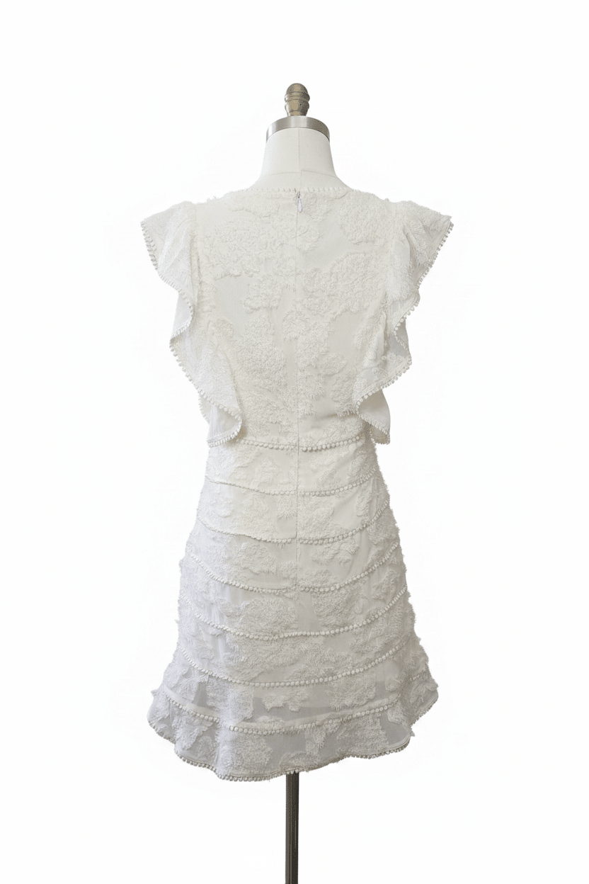 Just Me Ivory Fringe Lace Pom-Pom Trim Mini Dress - The Garment Garden Boutique