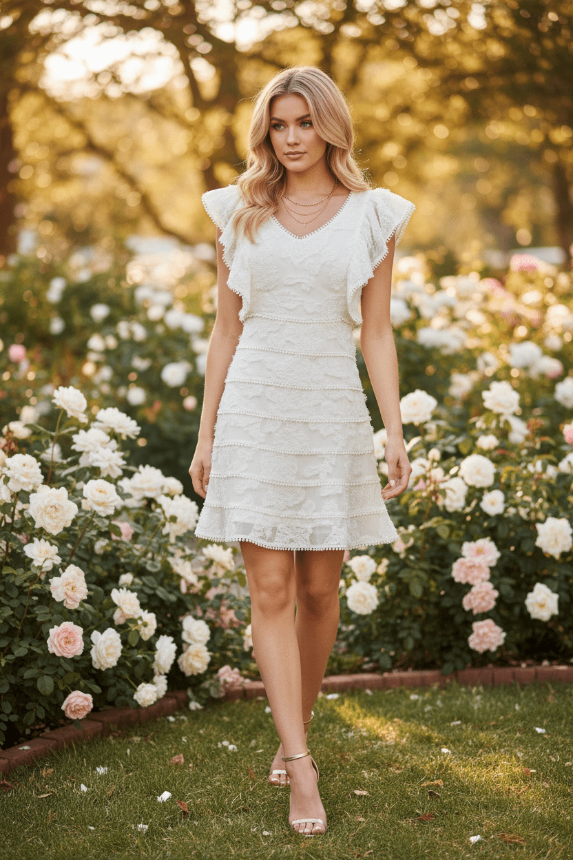 Just Me Ivory Fringe Lace Pom-Pom Trim Mini Dress - The Garment Garden Boutique