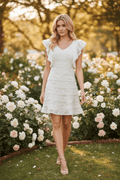 Just Me Ivory Fringe Lace Pom-Pom Trim Mini Dress - The Garment Garden Boutique