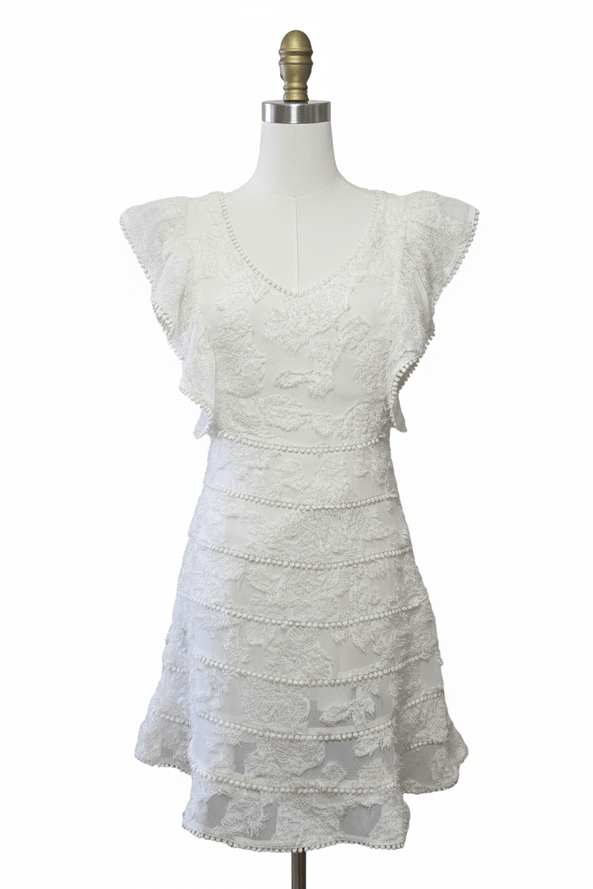Just Me Ivory Fringe Lace Pom-Pom Trim Mini Dress - The Garment Garden Boutique