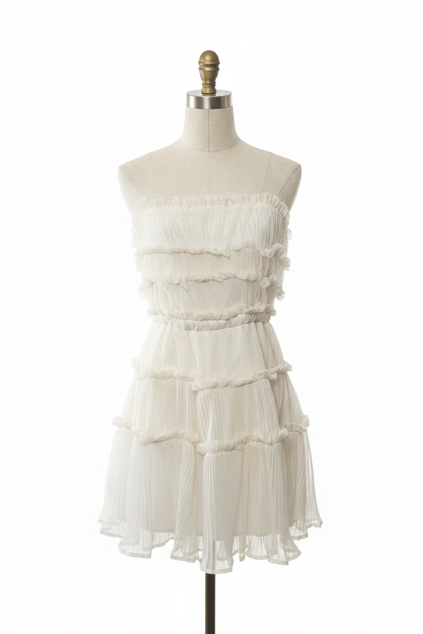 Just Me Ivory Pleated Chiffon Tiered Ruffle Strapless Mini Dress - The Garment Garden Boutique