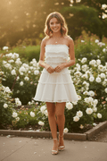 Just Me Ivory Pleated Chiffon Tiered Ruffle Strapless Mini Dress - The Garment Garden Boutique