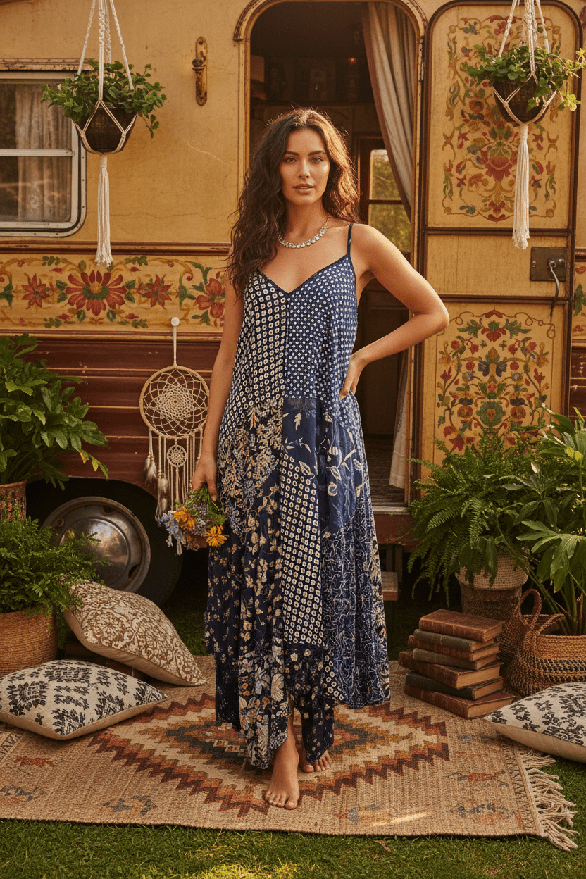 Jaded Gypsy Navy Mixed Print Patchwork Maxi Dress — New with Tags - The Garment Garden Boutique