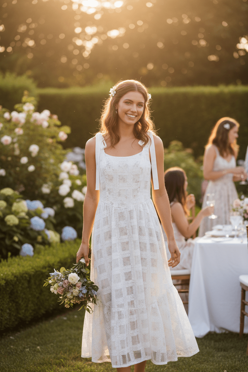 Just Me White Floral Lace Midi Dress with Ribbon Shoulder Ties - The Garment Garden Boutique