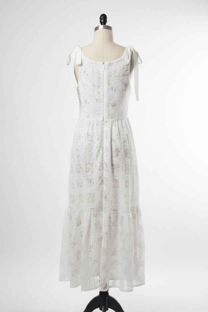 Just Me White Floral Lace Midi Dress with Ribbon Shoulder Ties - The Garment Garden Boutique