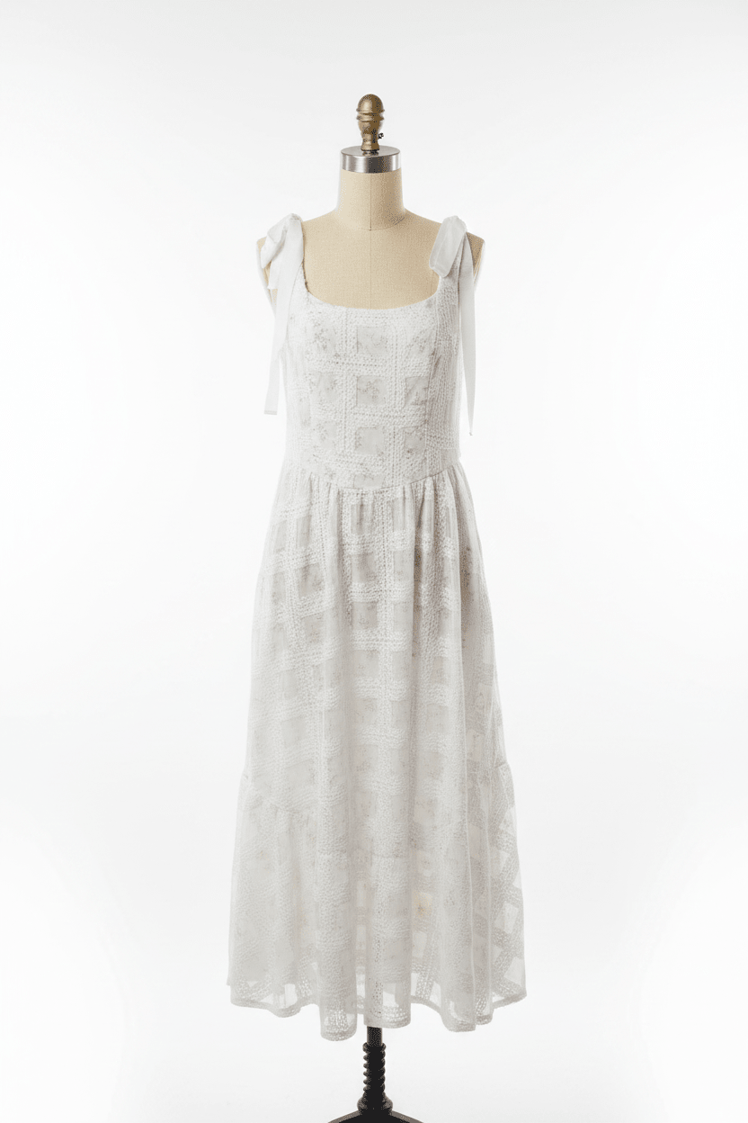 Just Me White Floral Lace Midi Dress with Ribbon Shoulder Ties - The Garment Garden Boutique
