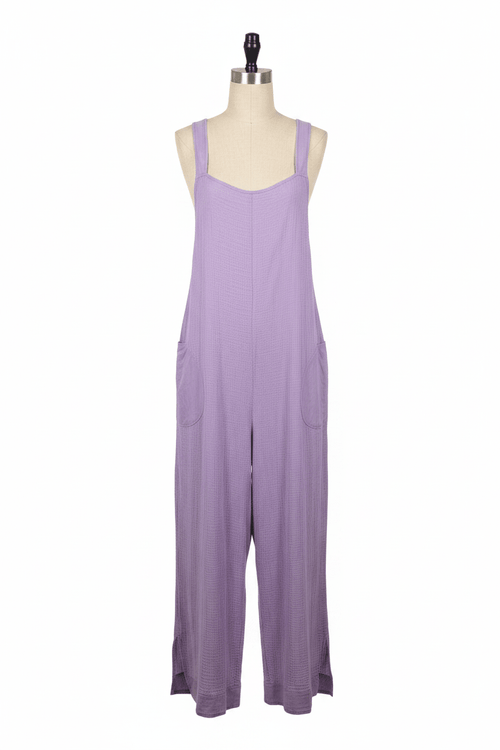 Assorted Colors Crinkle Cotton Wide-Leg Overall Jumpsuit - The Garment Garden Boutique