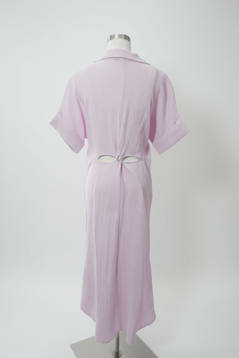 Lavender Crinkle Cotton Button-Down Midi Dress with Open Back - The Garment Garden Boutique