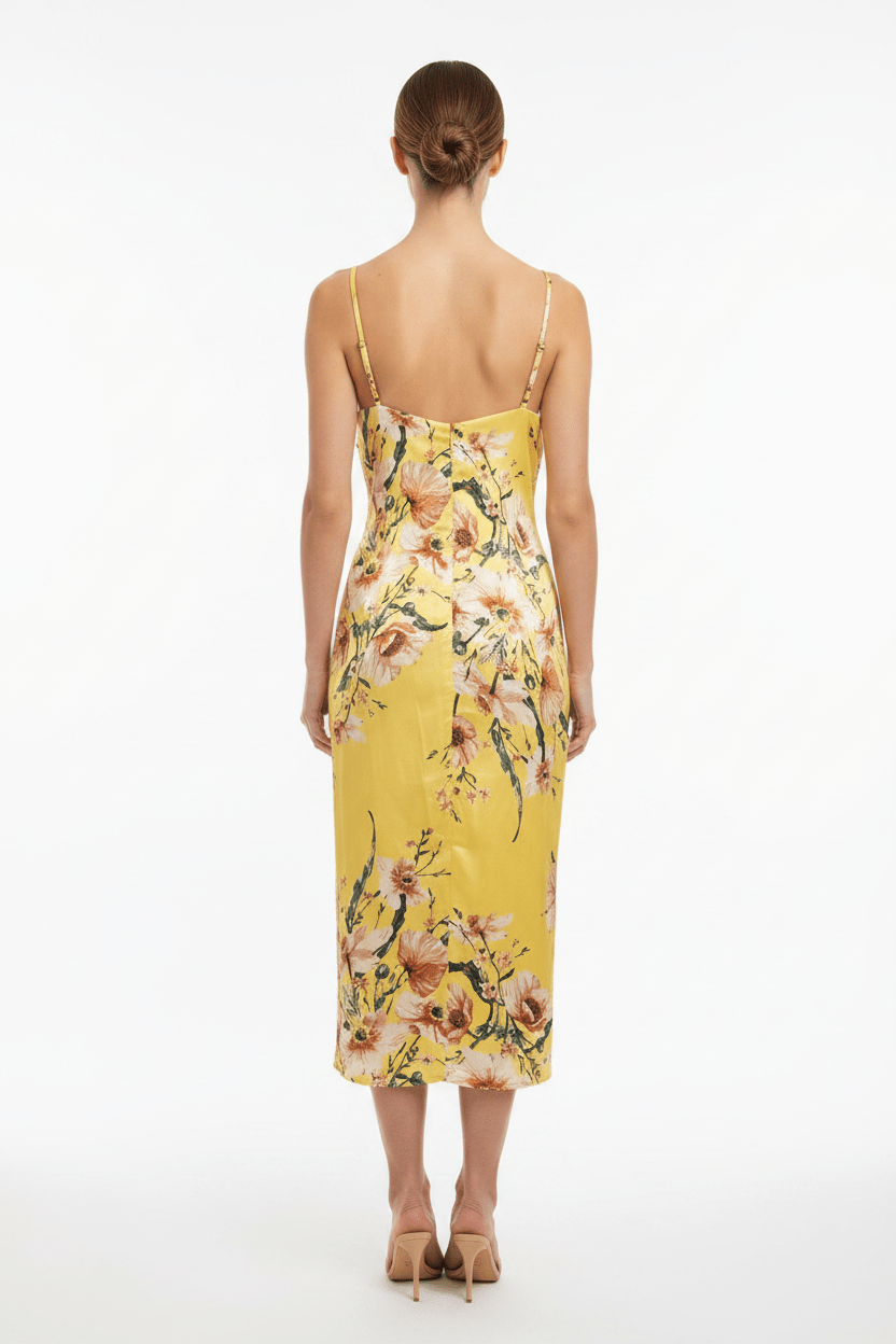 Lulu's Yellow Floral Satin Midi Dress - The Garment Garden Boutique