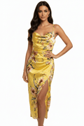 Lulu's Yellow Floral Satin Midi Dress - The Garment Garden Boutique
