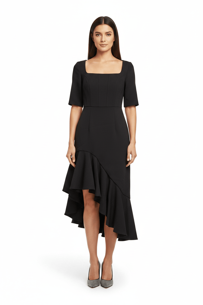 Mac Duggal Black Asymmetric Ruffle Midi Dress - The Garment Garden Boutique