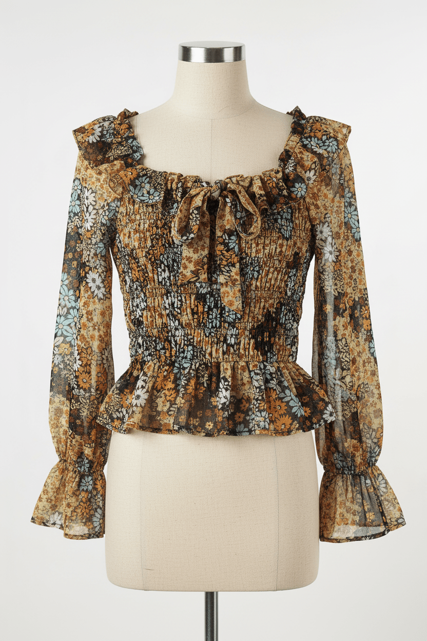 Mainstrip 70s Retro Floral Smocked Blouse - The Garment Garden Boutique