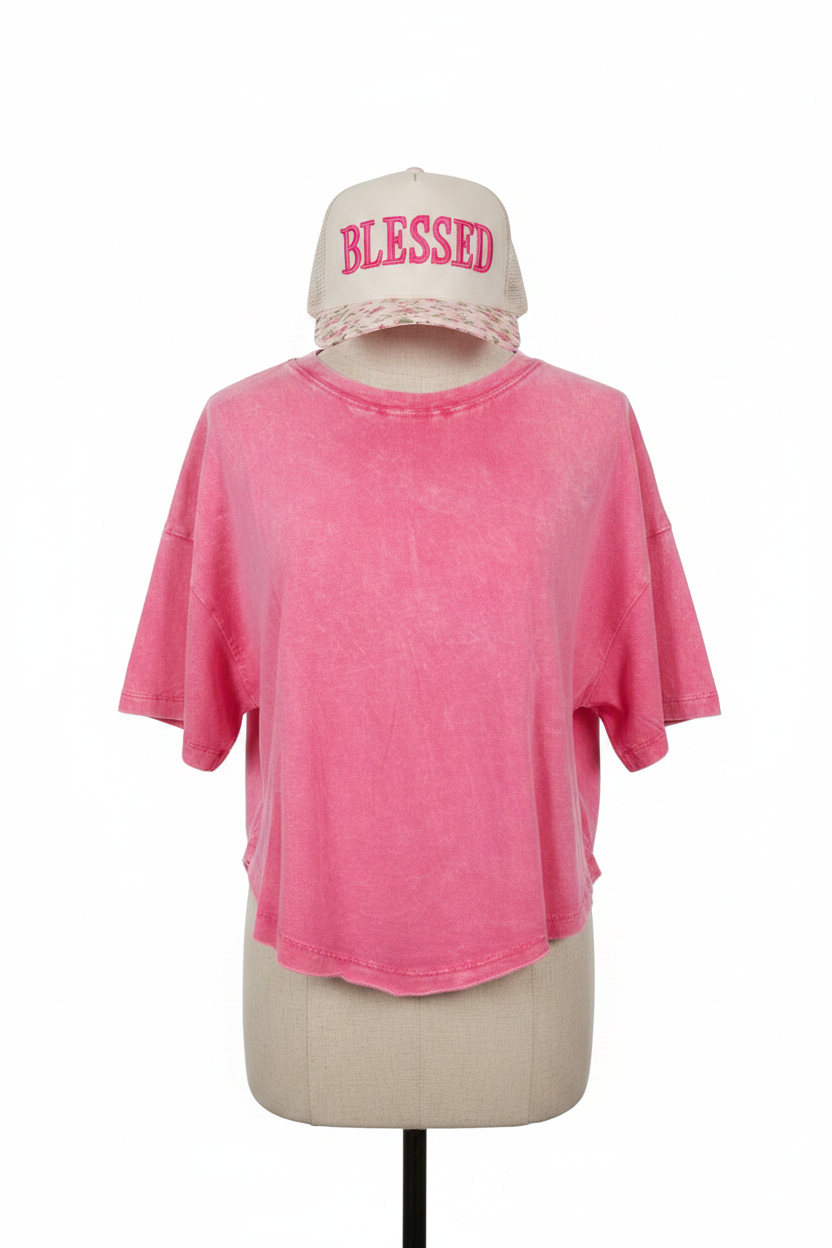 Mineral Wash Cropped Tee - Hot Pink