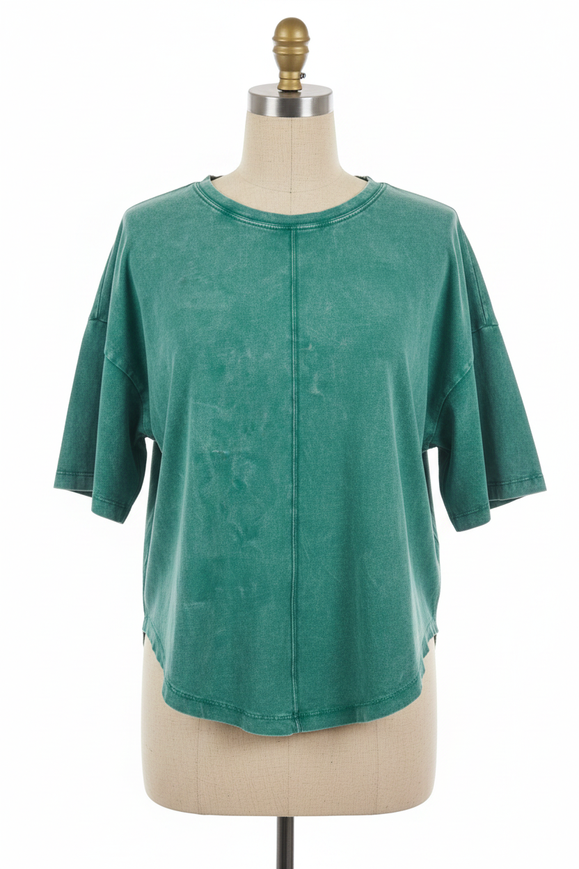 Mineral Wash Cropped Tee - Jade Green U-Hem