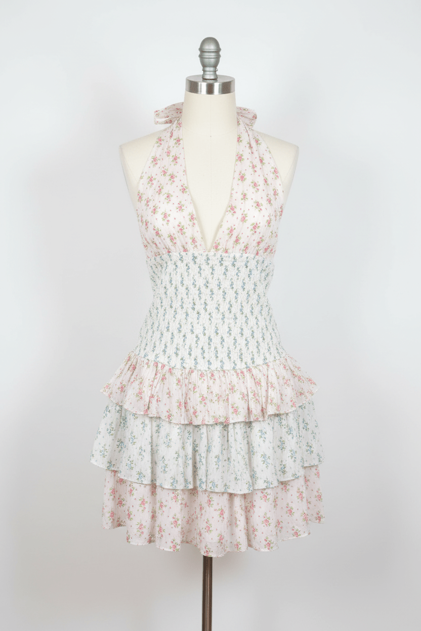 Altar'd State Mixed Floral Halter Tiered Ruffle Mini Dress - The Garment Garden Boutique