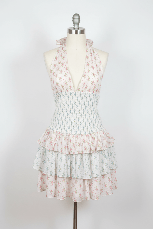 Altar'd State Mixed Floral Halter Tiered Ruffle Mini Dress - The Garment Garden Boutique