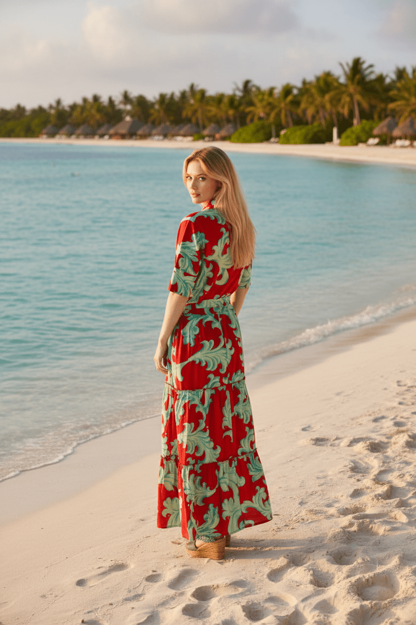 Modaposa Red Baroque Scroll Tiered Maxi Dress - The Garment Garden Boutique